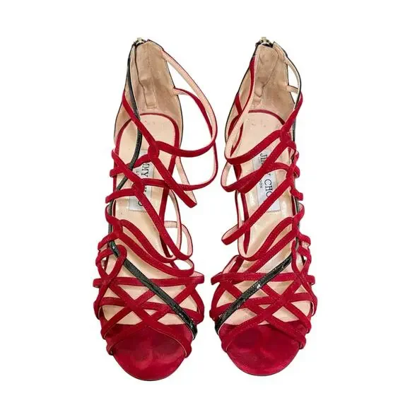 Jimmy Choo Red Suede Strappy Heels Size 38 - Picture 4 of 6